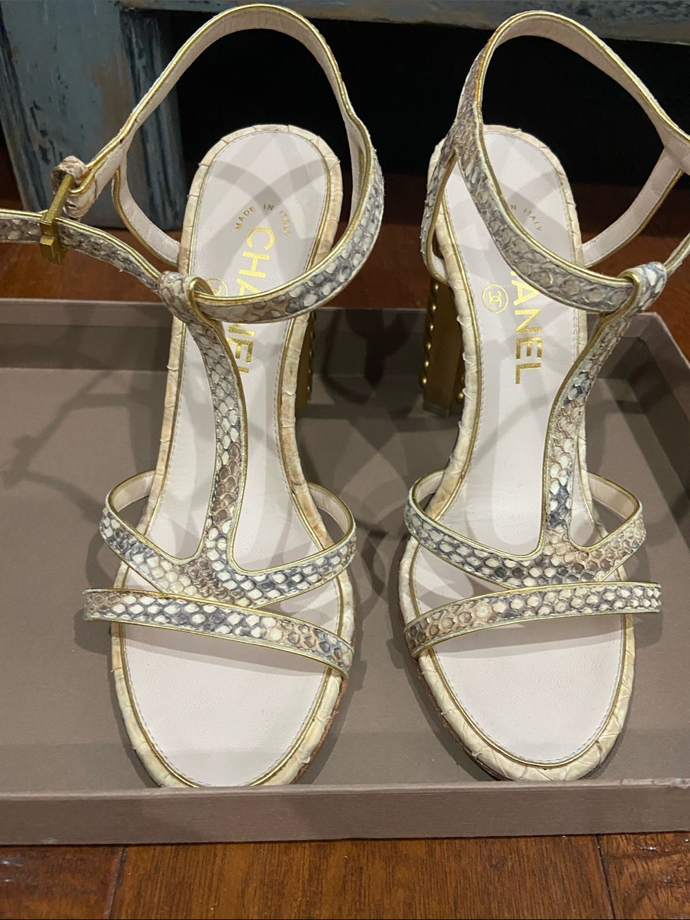 CHANEL Cream Snakeskin T-Strap Heels with Gold Accents